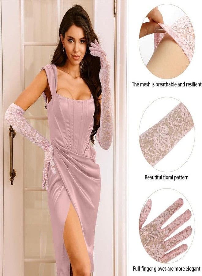 KETKAR Elbow Length Bridal Gloves For Women,Elegant Long Lace Gloves_Pink - Image 4